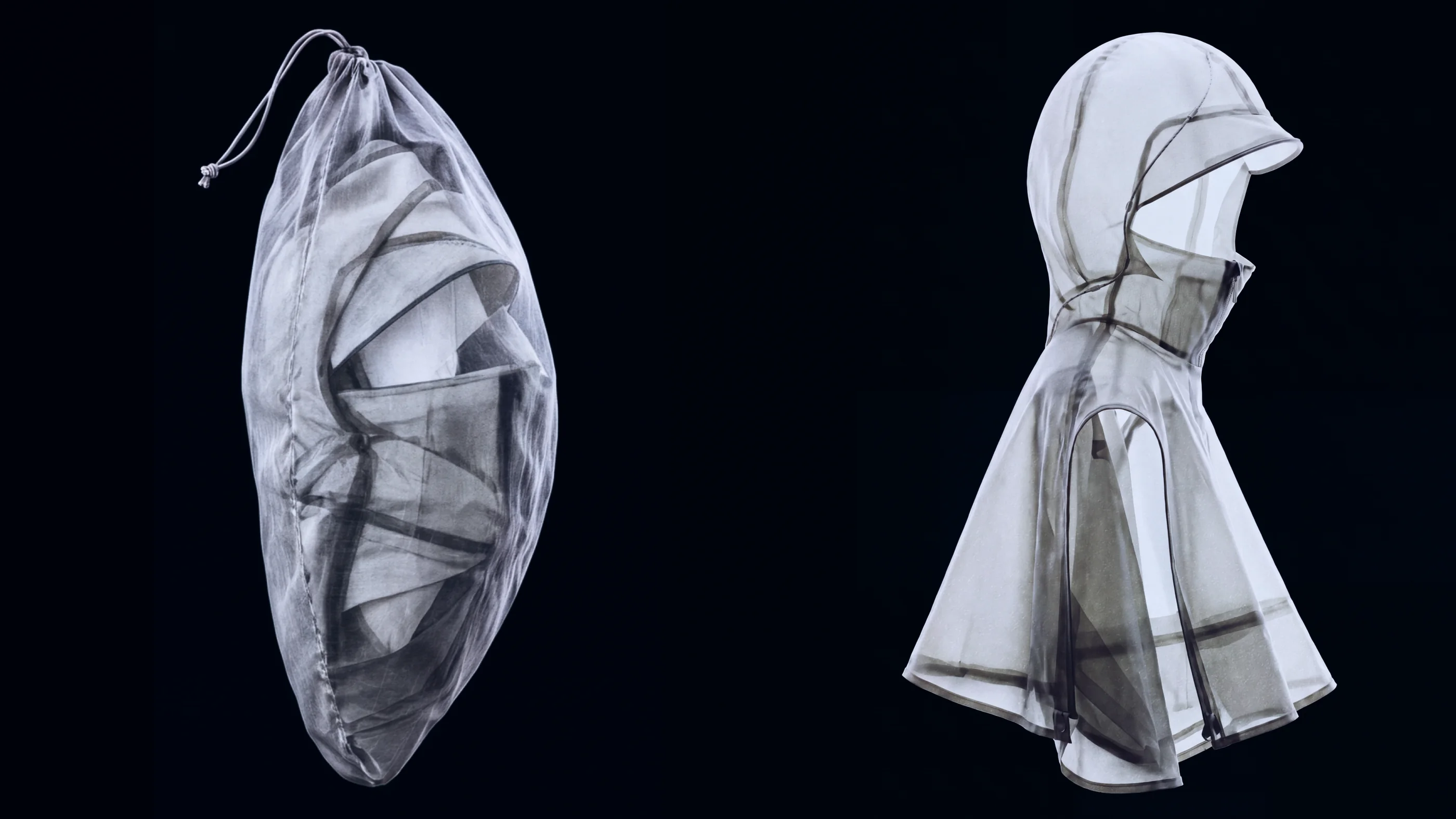Translucent drawstring bag and hooded KIPRUN garment shown side by side