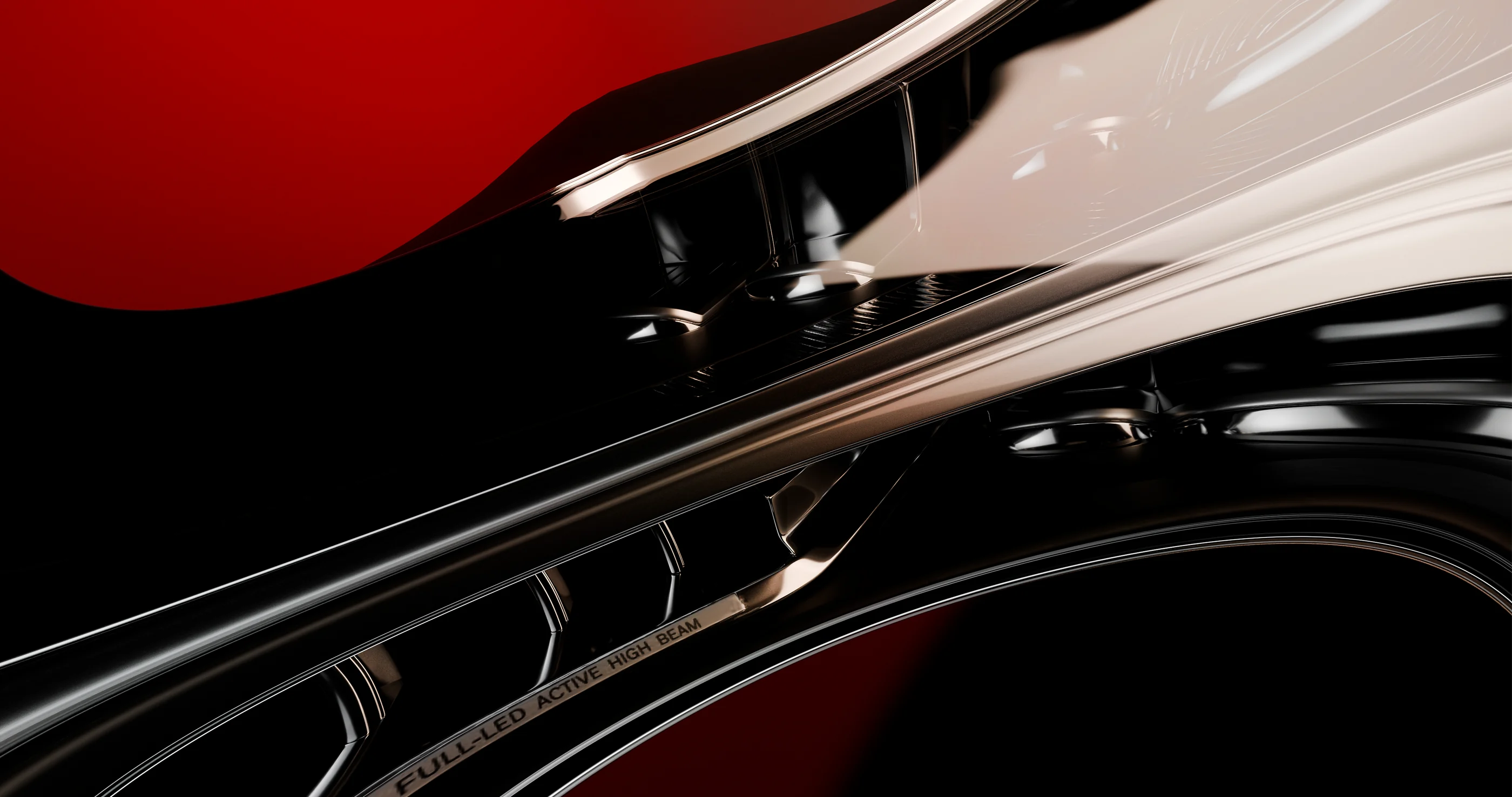 Sculpted automotive surfaces and light details against a red background