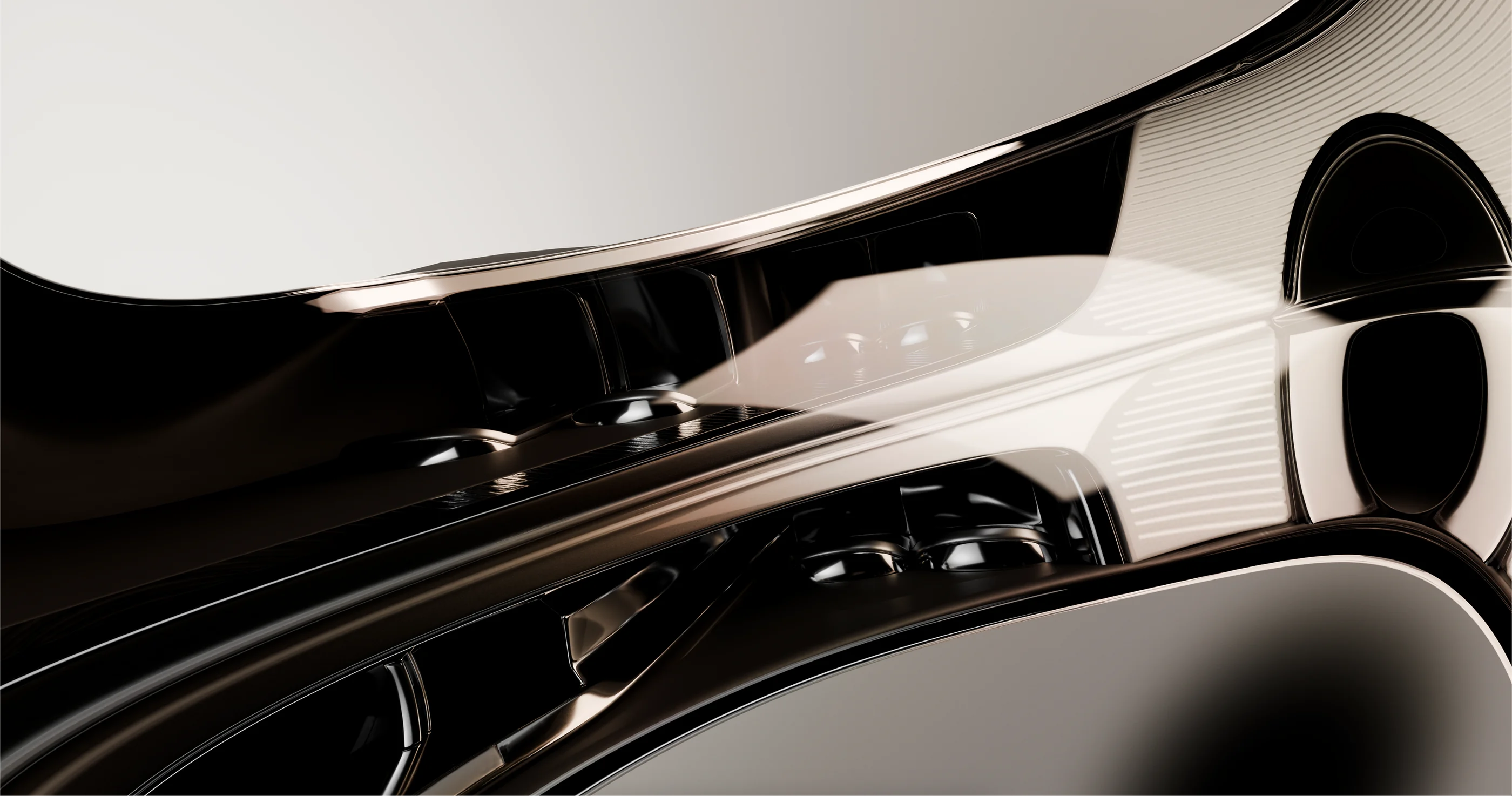 Reflective automotive bodywork and dark glass against a pale background