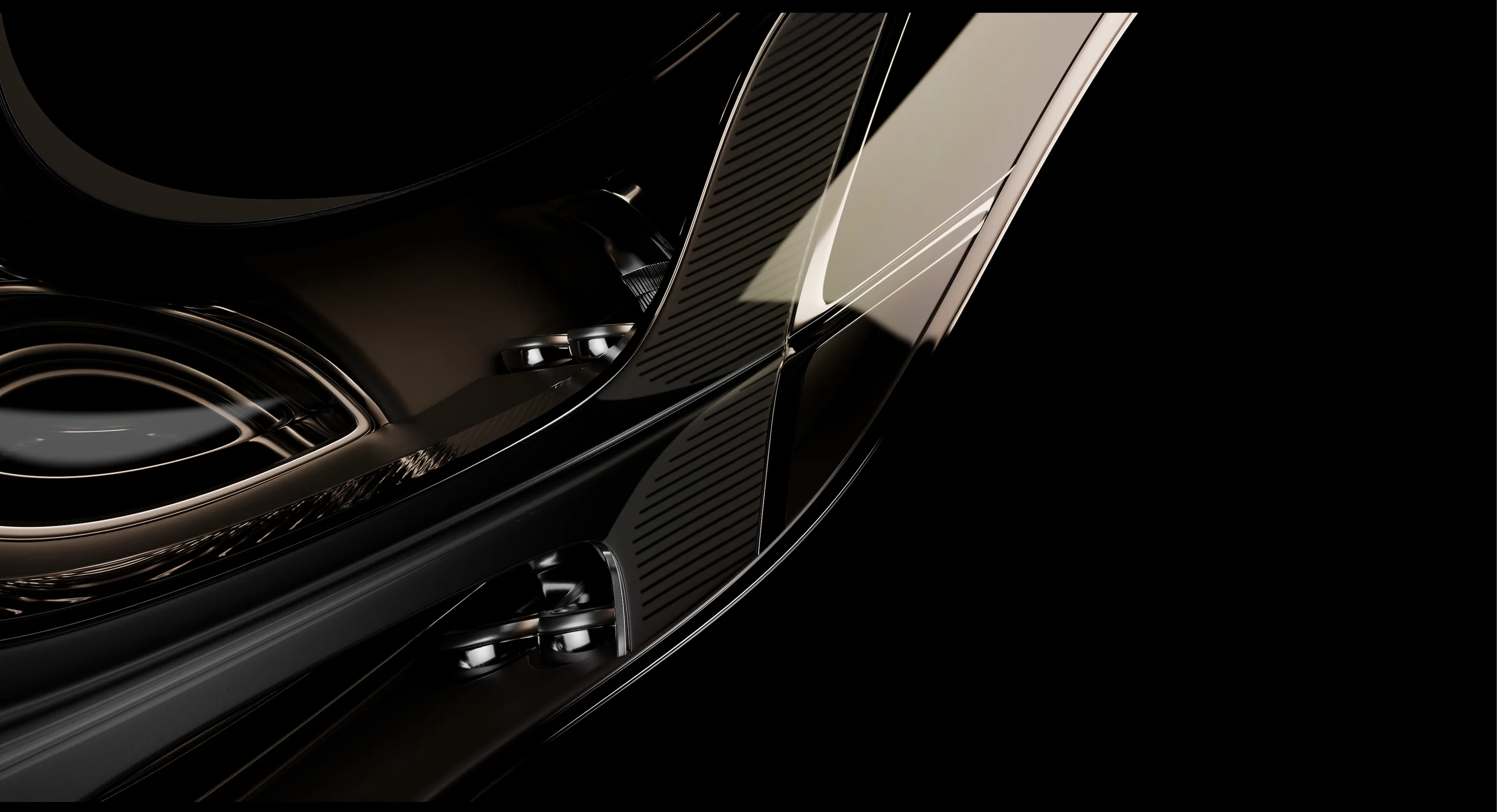 Close-up of dark automotive panels, vents and metallic trim