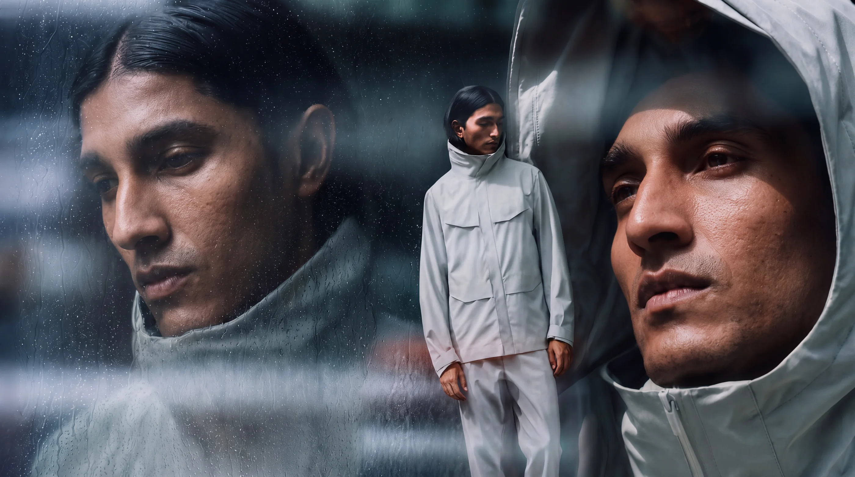 Veilance portrait collage with a model in pale technical outerwear behind rain-speckled glass
